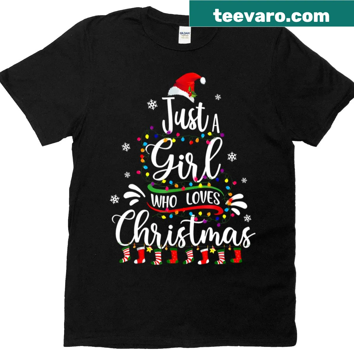 Illustration of a girl with a Christmas tree for holiday spirit — on a men's t-shirt