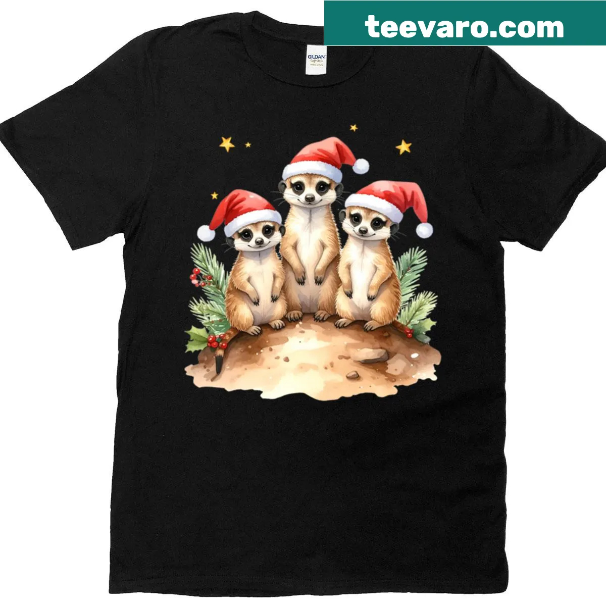 Cute Christmas meerkats T-shirt design — on a men's t-shirt