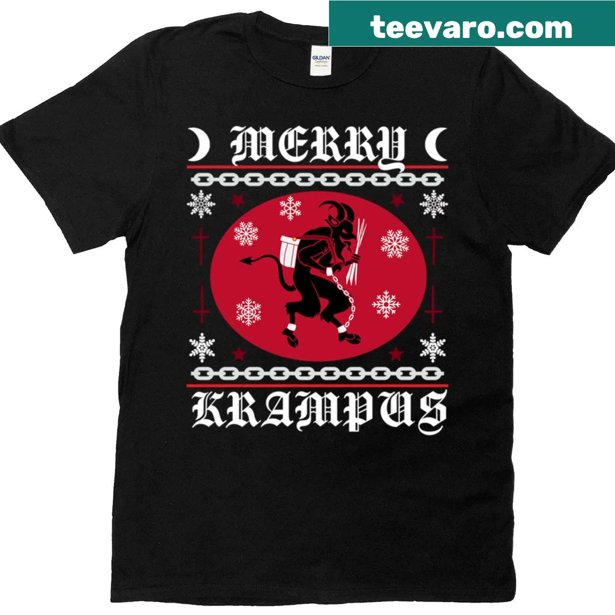 Ugly Christmas T-shirt featuring Krampus graphic — on a men's t-shirt
