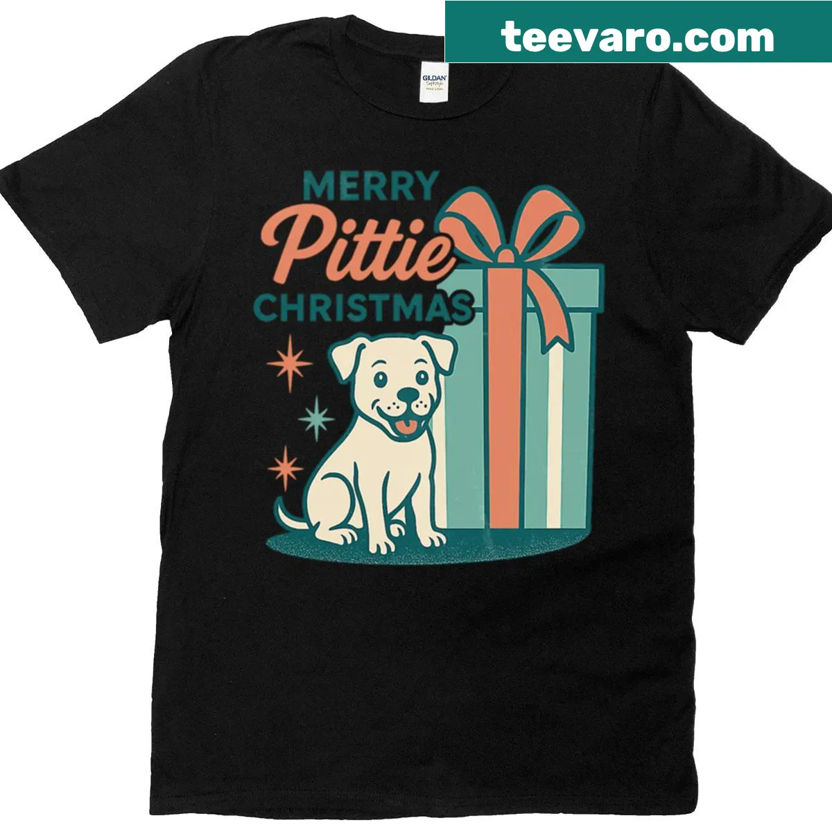 Retro Christmas design with a pit bull puppy and gift box — on a men's t-shirt