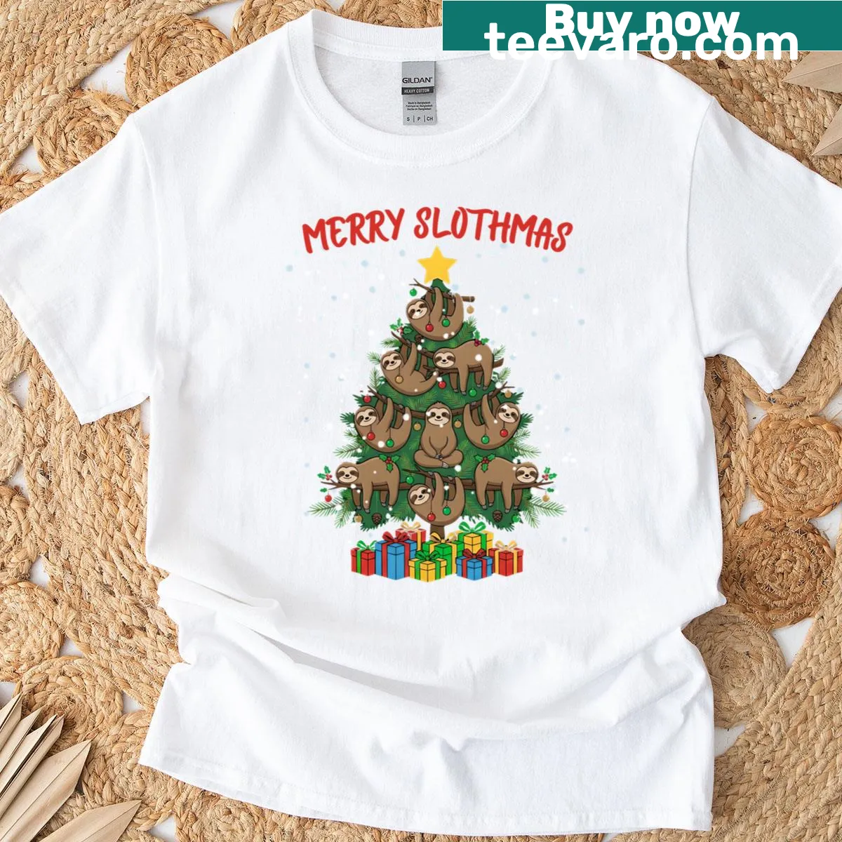Cute sloth Christmas graphic t-shirt for sloth lovers. — on a men's t-shirt