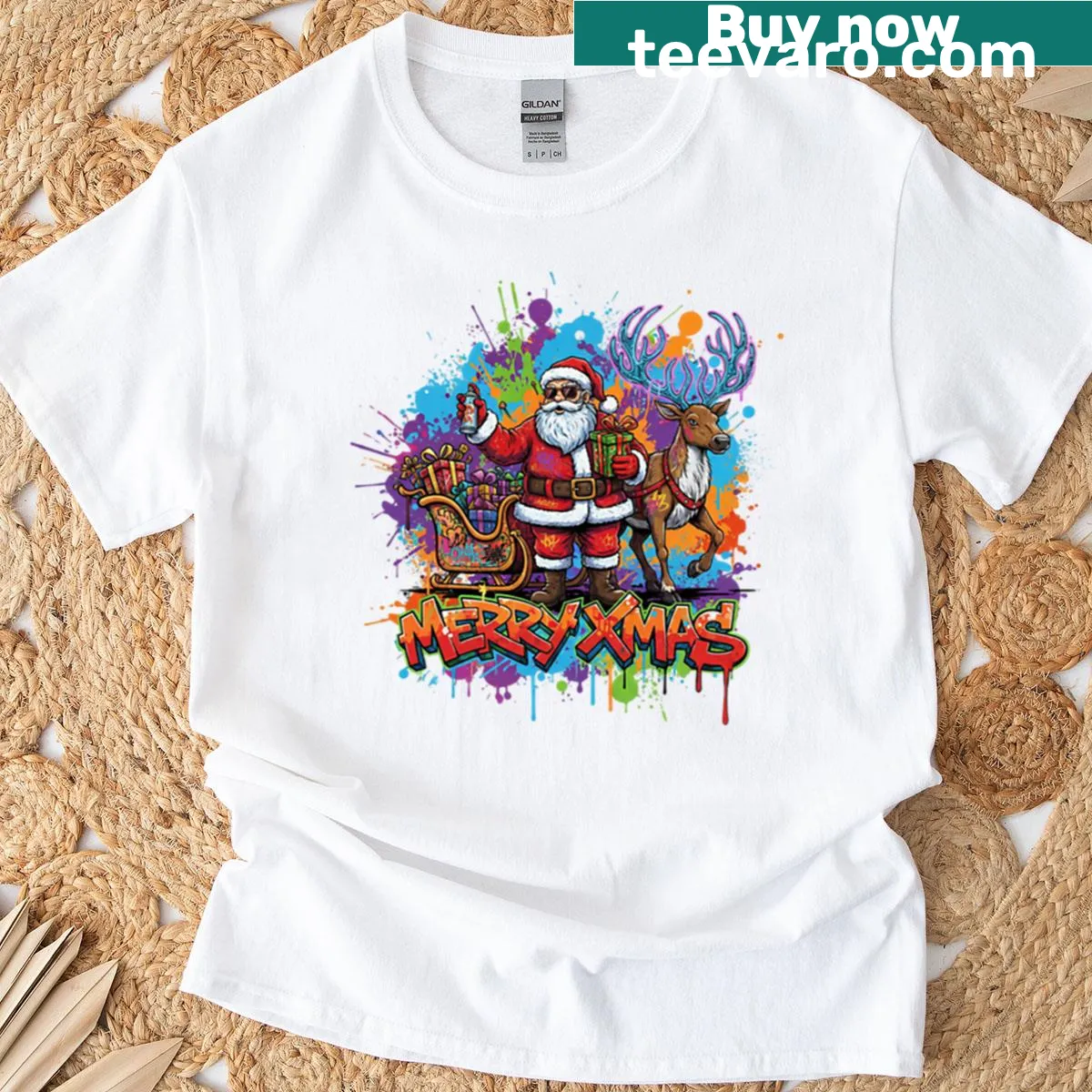 Street art-inspired Merry Xmas graphic t-shirt for the holiday season. — on a men's t-shirt