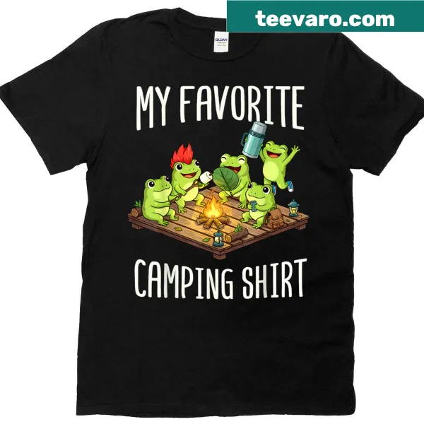 Cute frog illustration near a campfire on a camping t-shirt