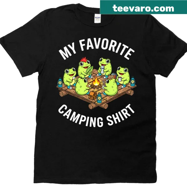 Cute frog illustration by a campfire on T-shirt