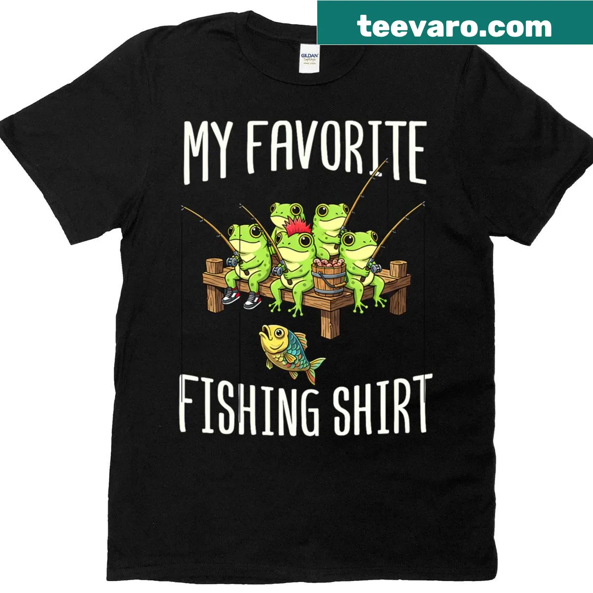 Cute frogs illustration with a fishing theme — on a men's t-shirt