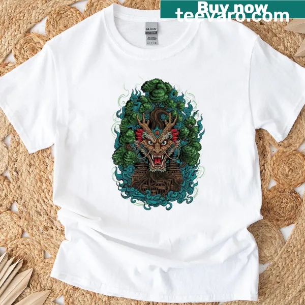 Mystical dragon and tree of life graphic on a T-shirt