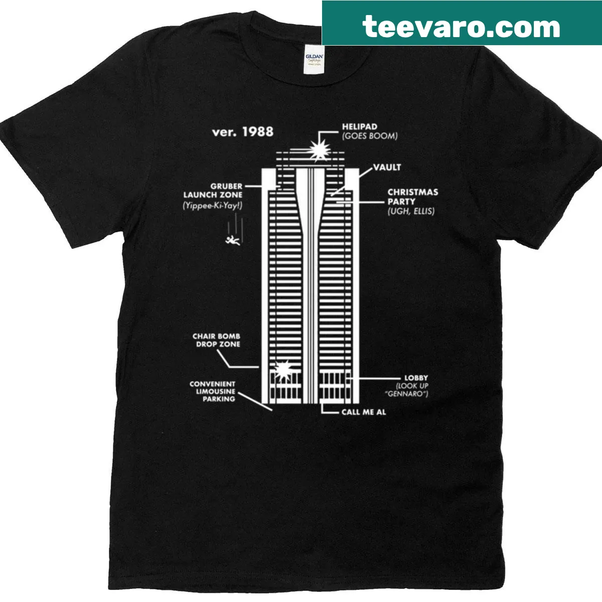 Nakatomi diagram graphic t-shirt — on a men's t-shirt