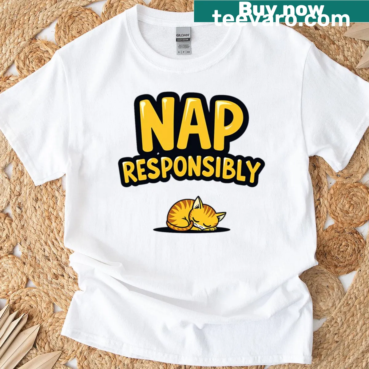 Cute Aussie cat graphic encouraging responsible napping — on a men's t-shirt