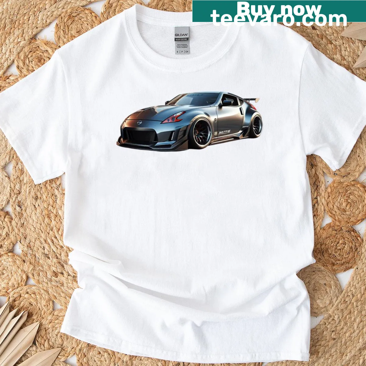 Stylized Nissan 370z logo t-shirt design — on a men's t-shirt