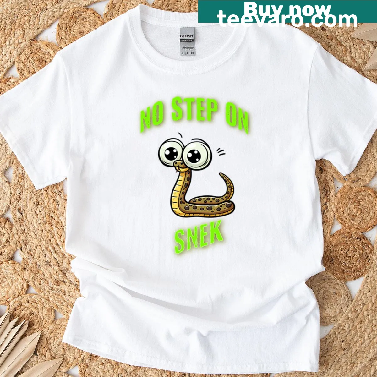 Whimsical cartoon snake design on No Step On Snek T-shirt — on a men's t-shirt