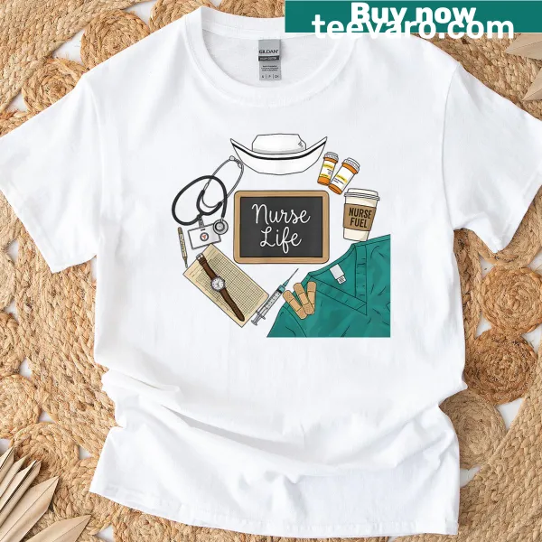 Nurse life graphic t-shirt featuring scrubs and a stethoscope