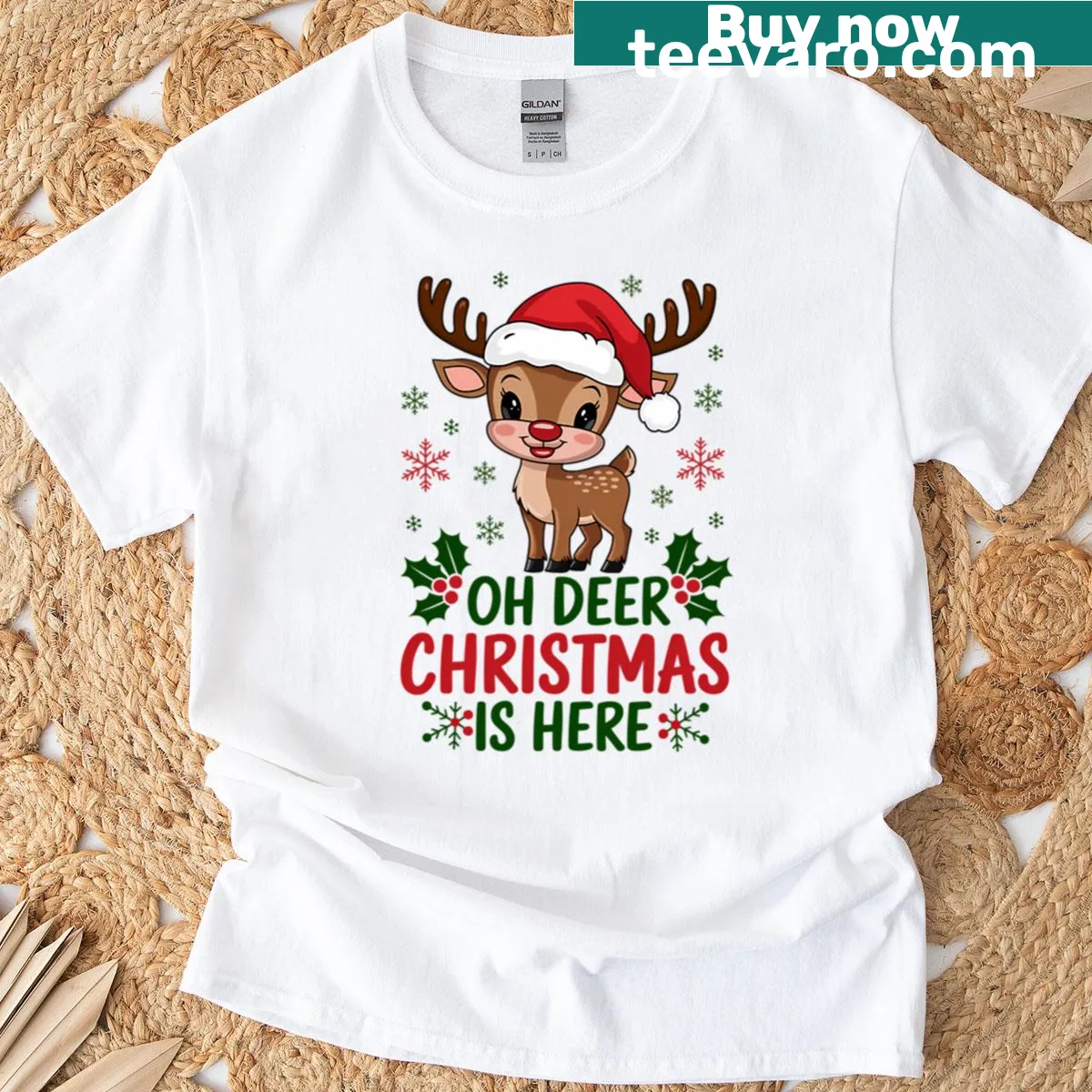 Cute deer graphic with 'Oh Deer Christmas Is Here' text — on a men's t-shirt