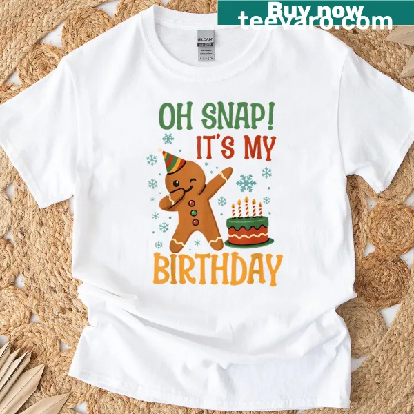 Funny birthday-themed t-shirt with a cartoon gingerbread character.