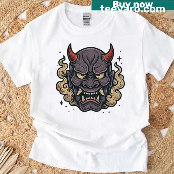 Illustration of Oni demon mask in Hannya style on t-shirt