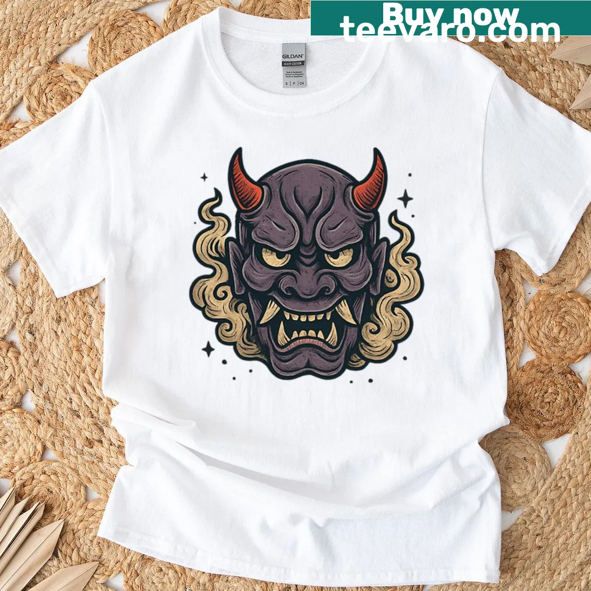 Illustration of Oni demon mask in Hannya style on t-shirt — on a men's t-shirt