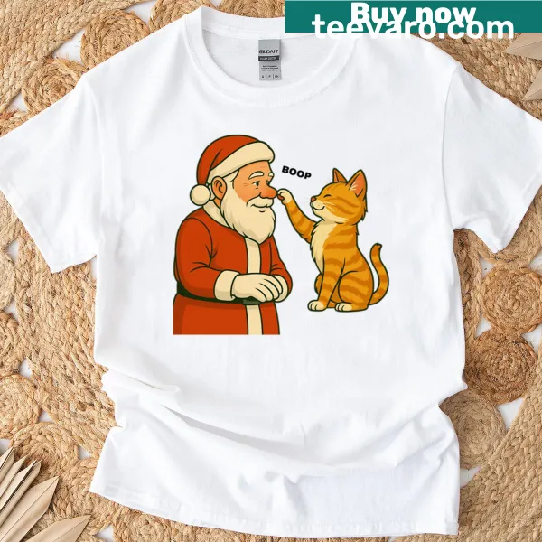 Cute illustration of an orange tabby cat booping Santa's nose