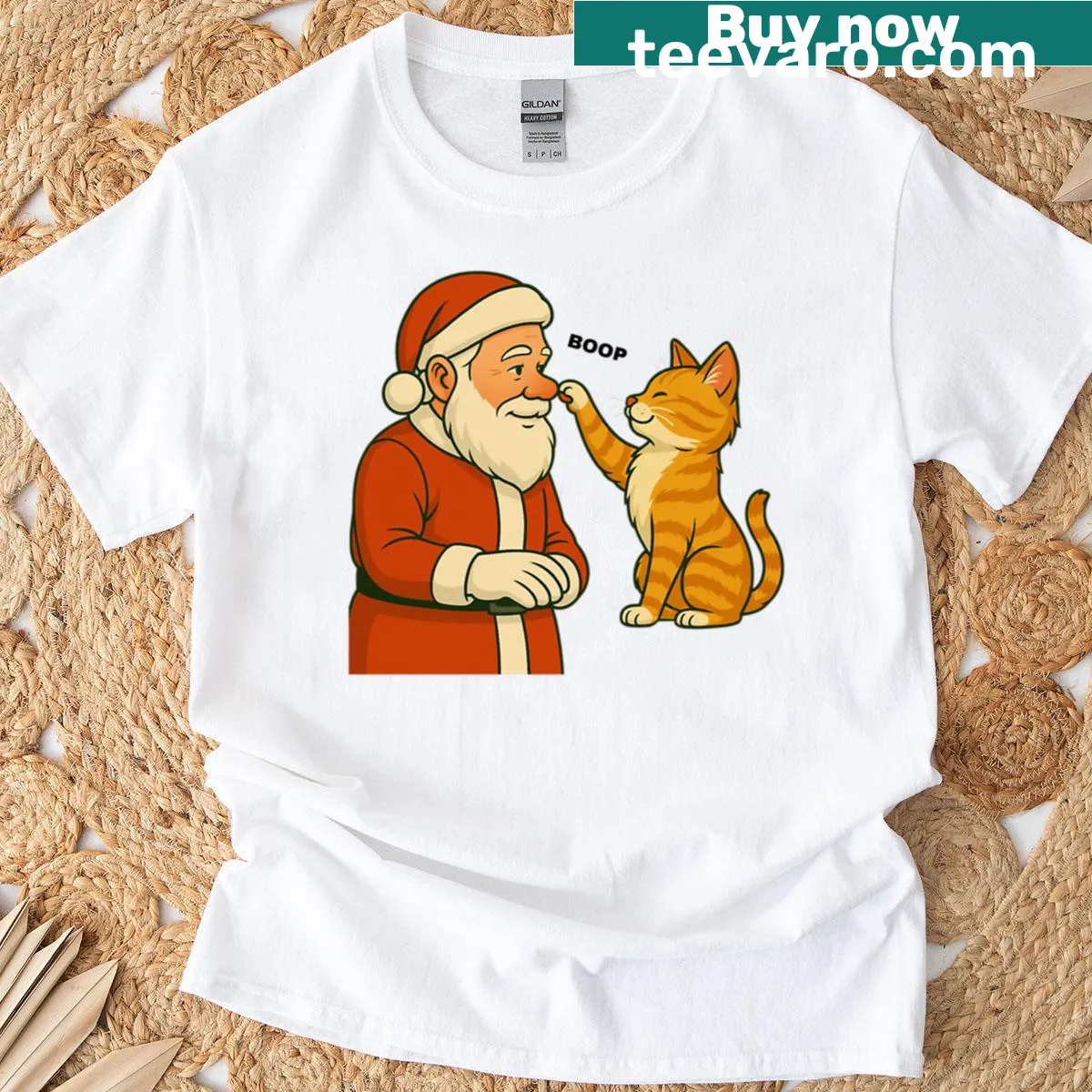 Cute illustration of an orange tabby cat booping Santa's nose — on a men's t-shirt