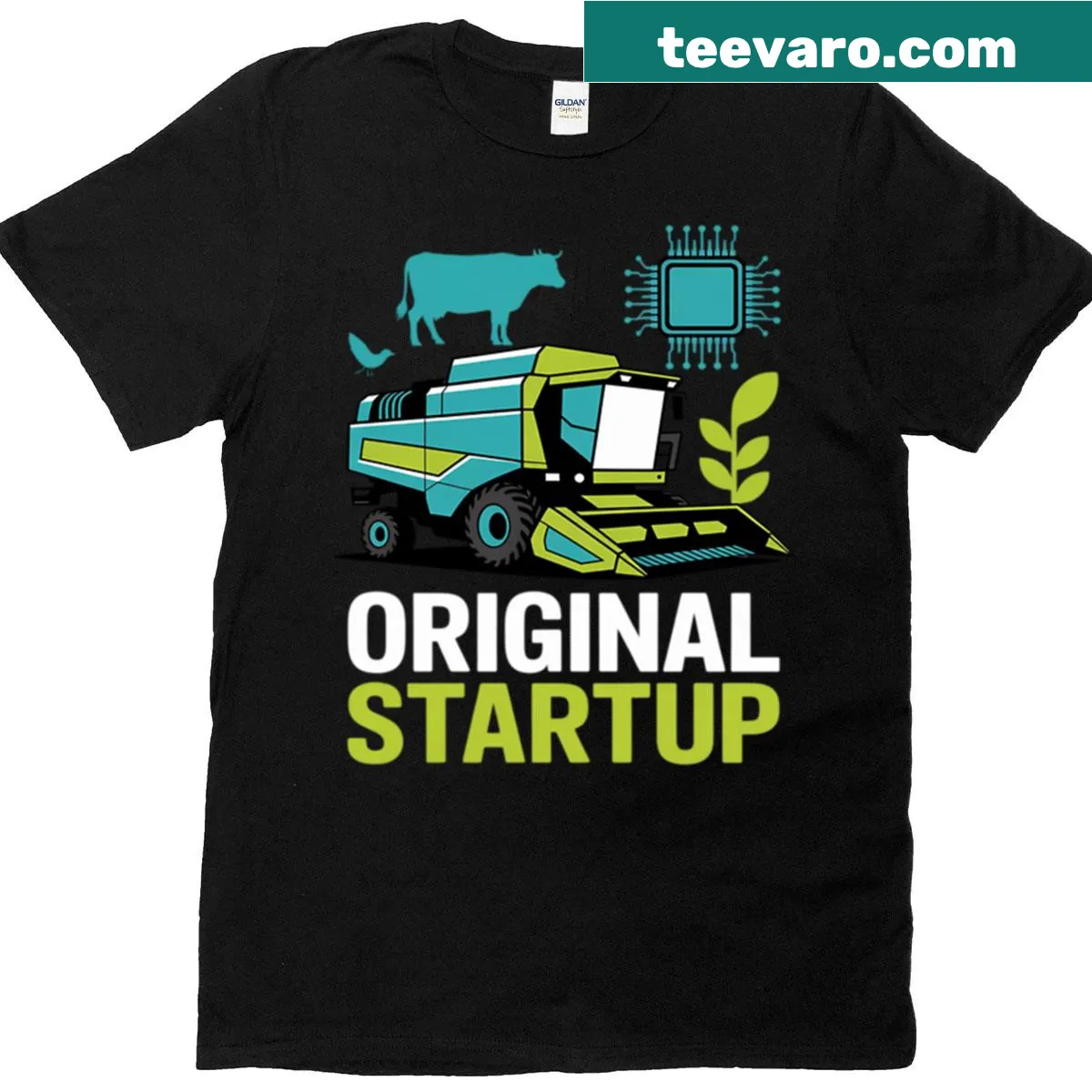 Tech-themed t-shirt with humorous combine harvester graphic — on a men's t-shirt