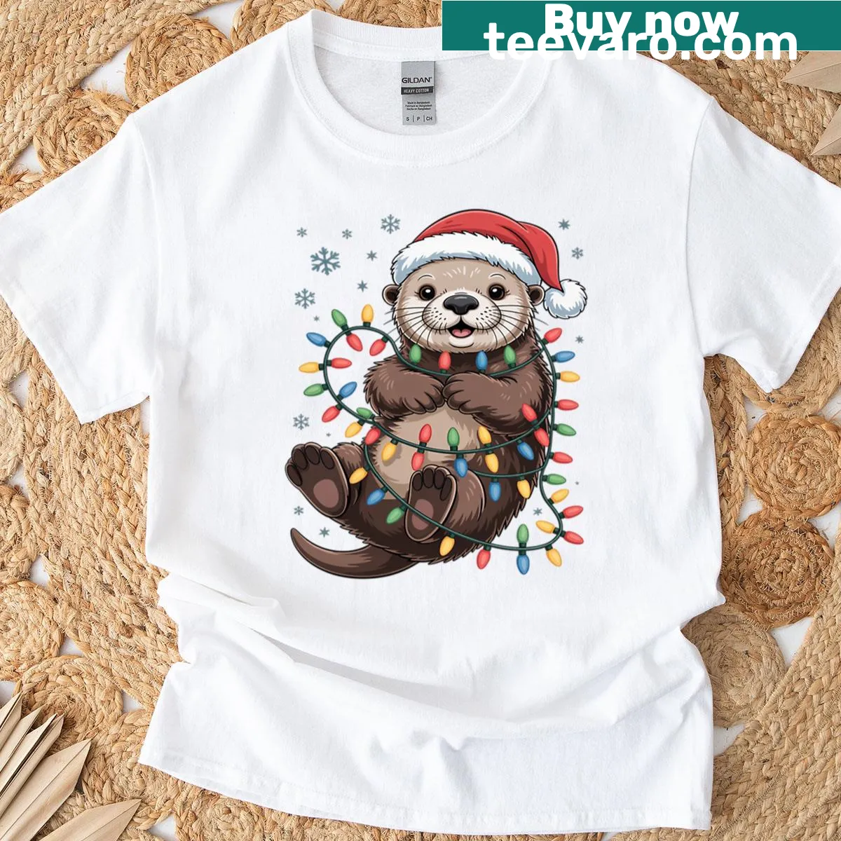 Otter design with Christmas lights as ornaments — on a men's t-shirt
