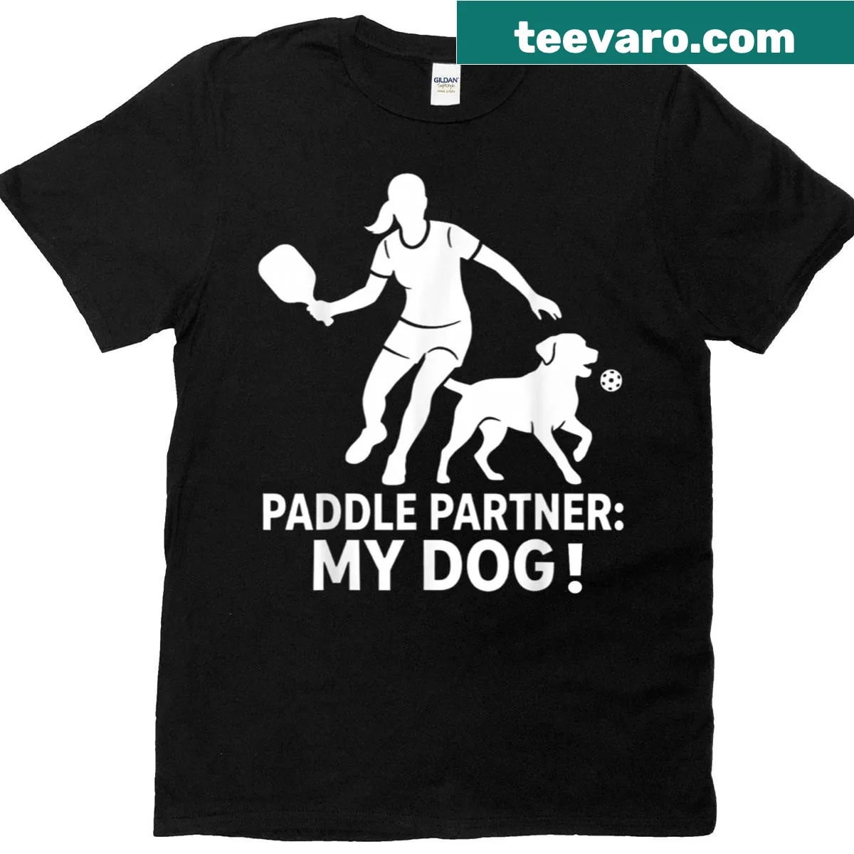 T-shirt celebrating the bond between dogs and pickleball — on a men's t-shirt