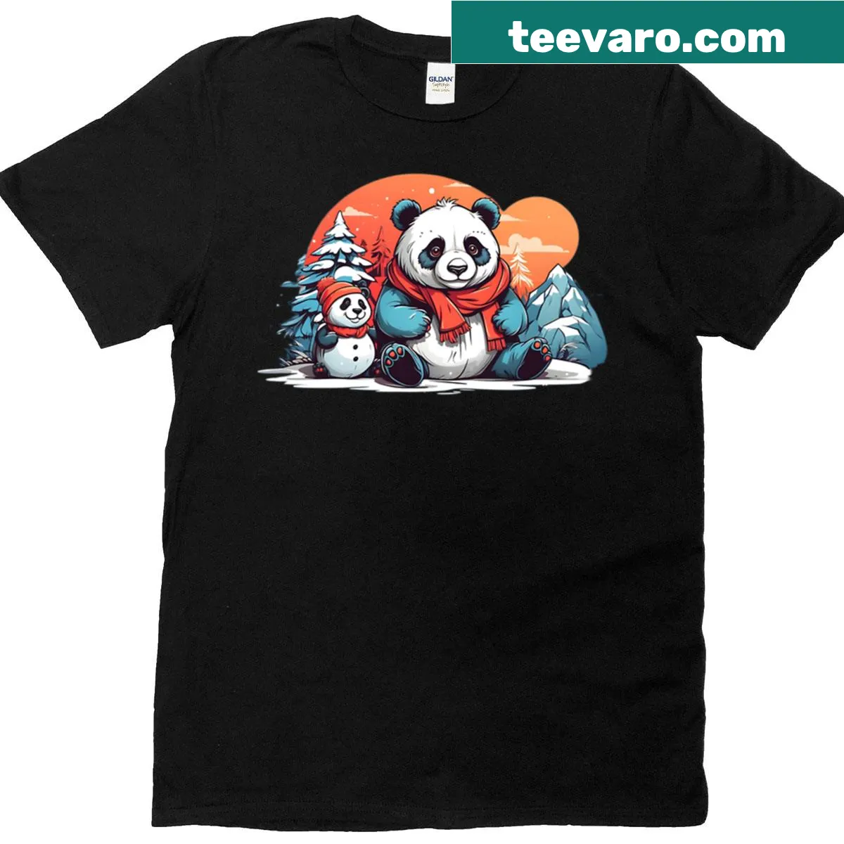 Graphic T-shirt featuring a panda beside a snowman. — on a men's t-shirt