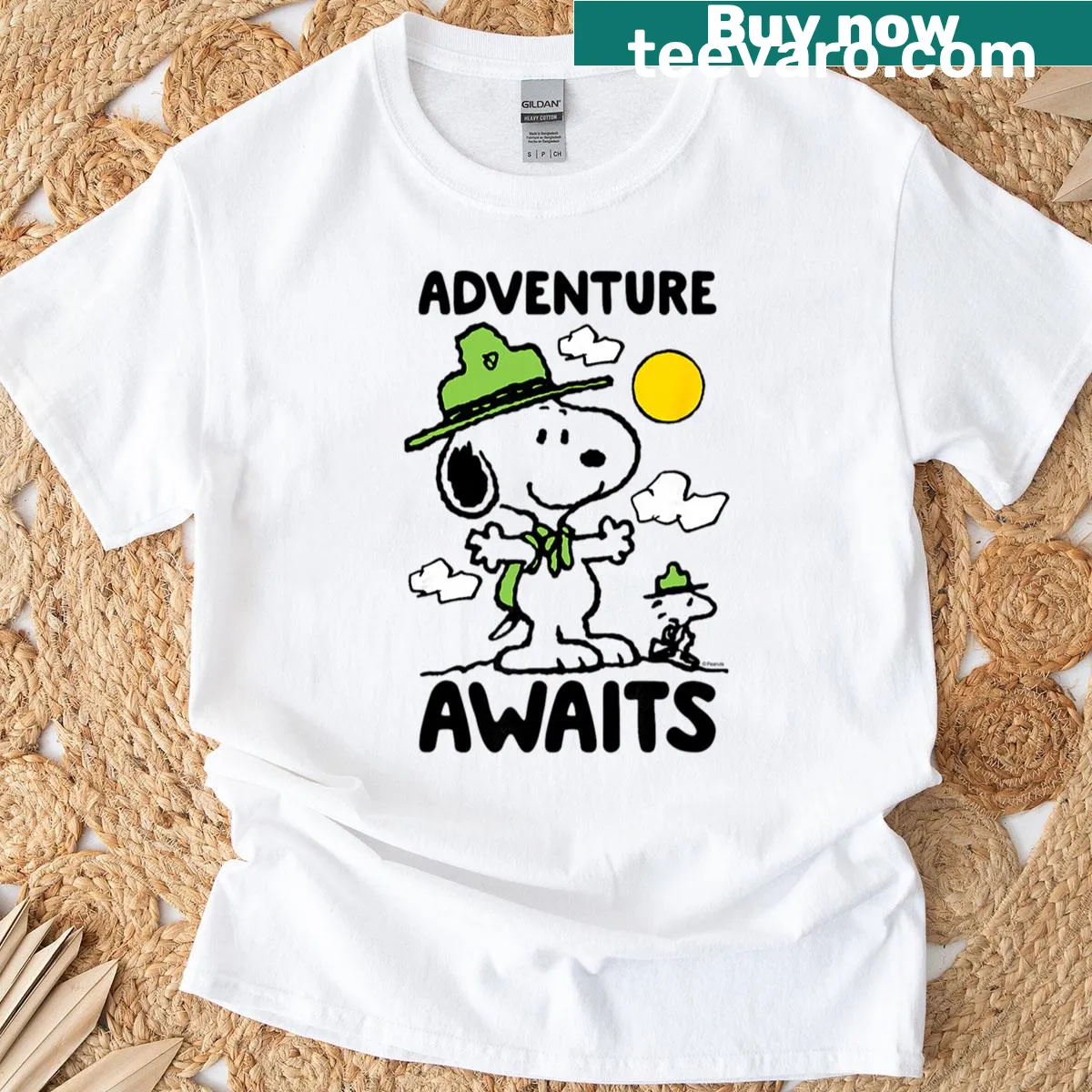 Cartoon dog camping design on a T-shirt — on a men's t-shirt