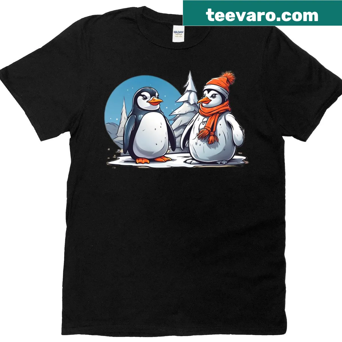 Cute penguin next to a snowman graphic on a T-shirt — on a men's t-shirt