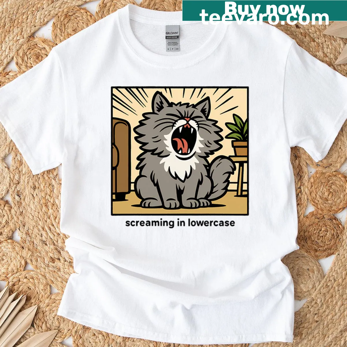 Funny t-shirt featuring a yawning Persian cat — on a men's t-shirt