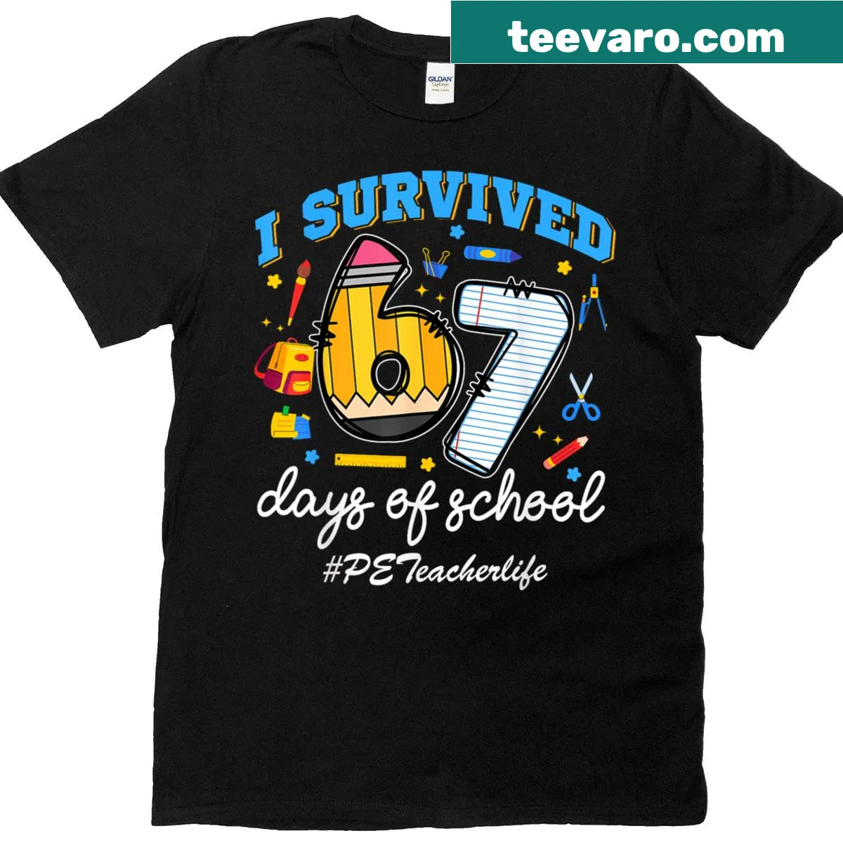Funny teacher t-shirt celebrating surviving 67 days of school — on a men's t-shirt