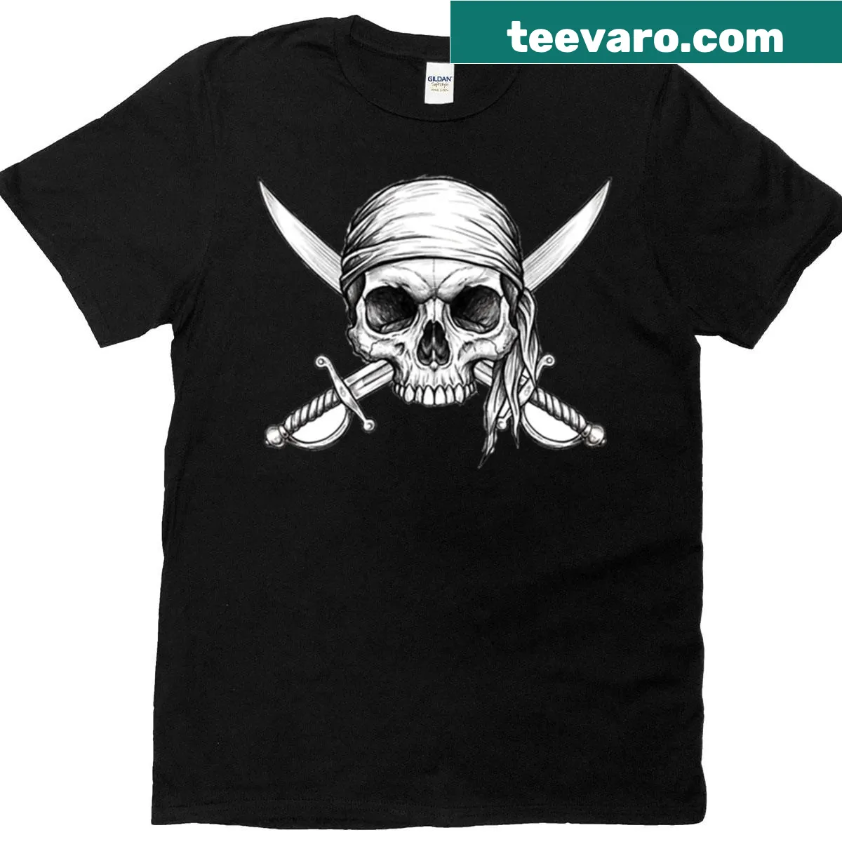 Vintage pirate emblem T-shirt with skull and crossed swords — on a men's t-shirt