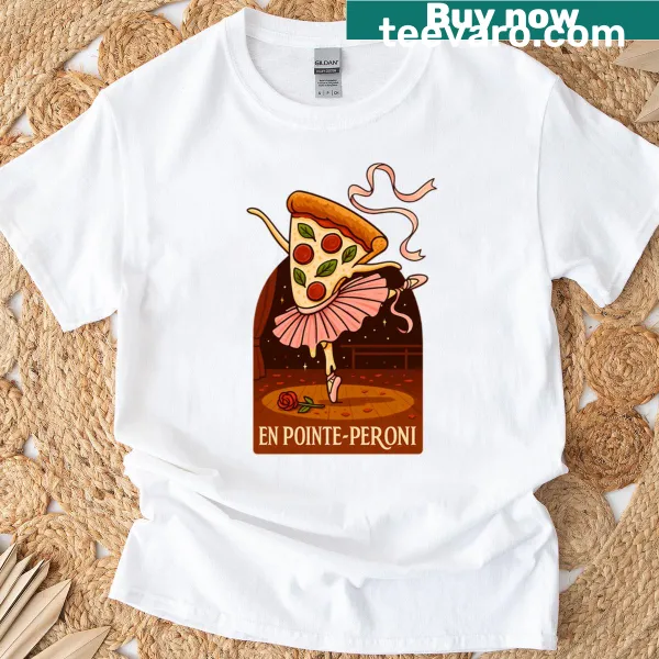 Illustration of a pizza ballerina dancing humorously on a t-shirt
