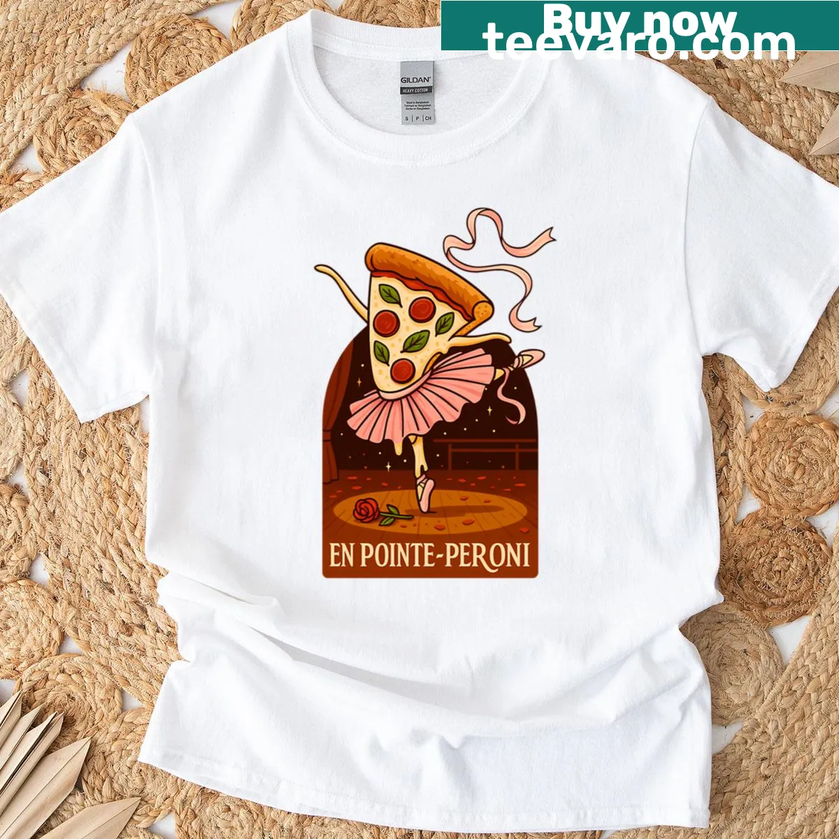 Illustration of a pizza ballerina dancing humorously on a t-shirt — on a men's t-shirt