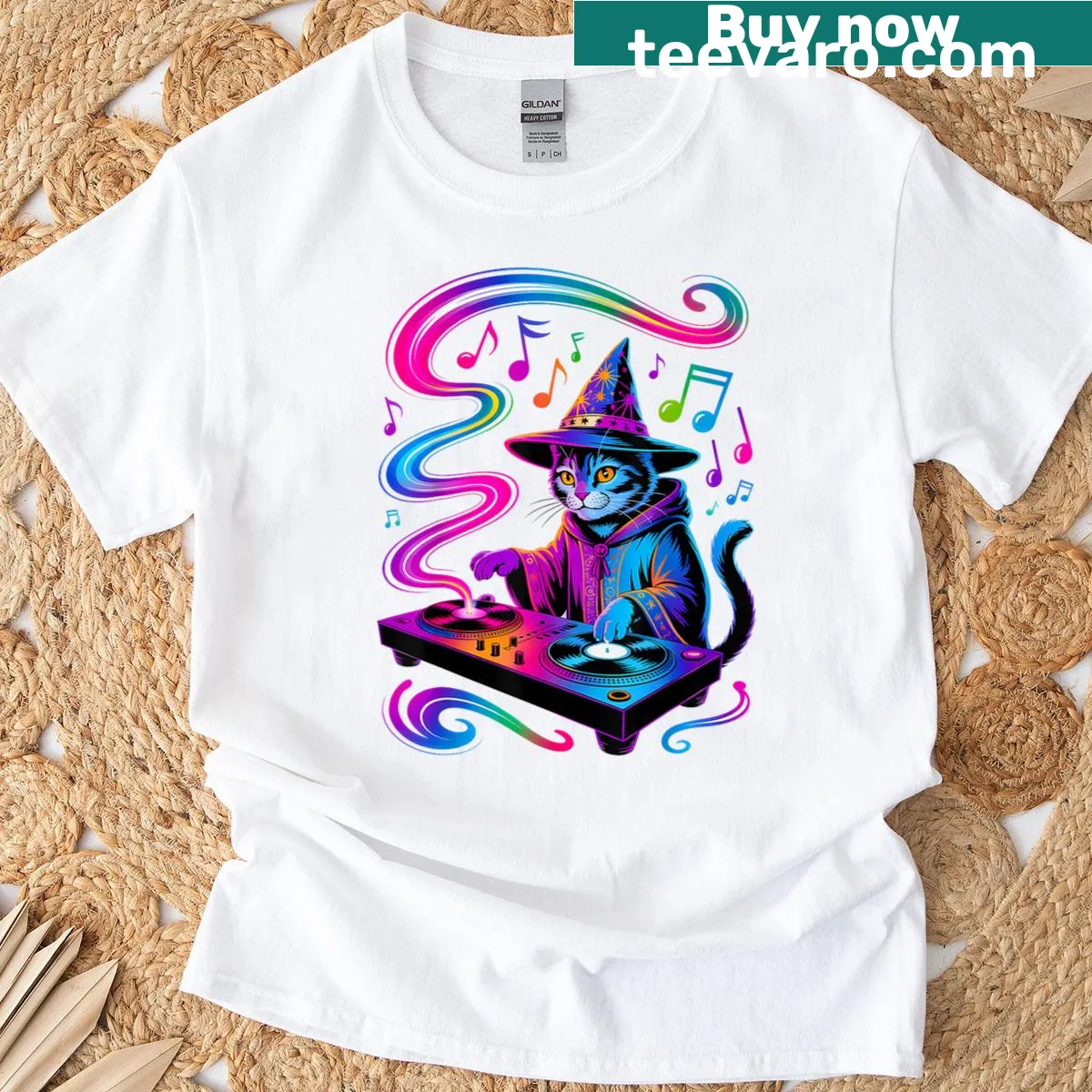 Trippy cat graphic design on an EDM festival t-shirt — on a men's t-shirt