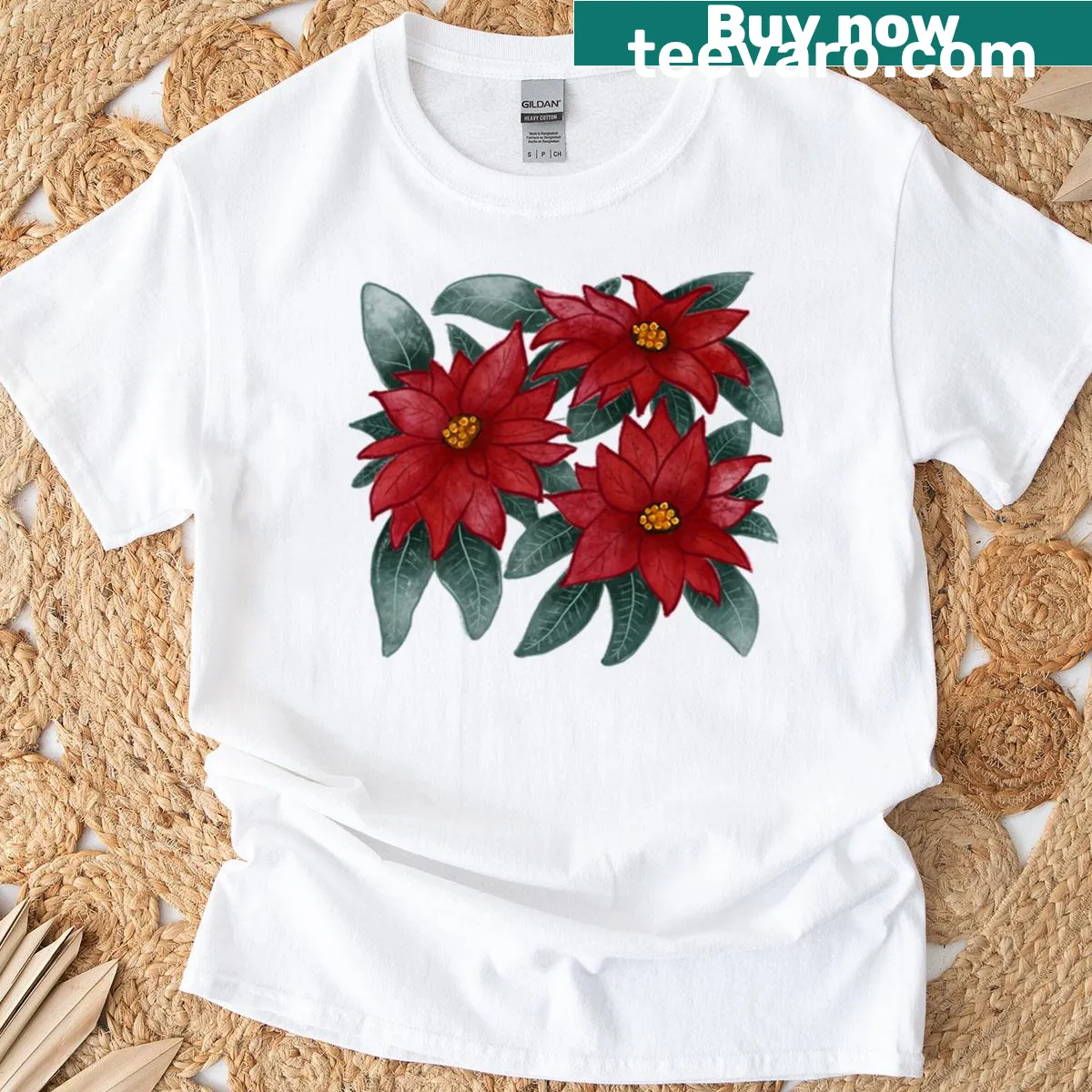Christmas Poinsettia flower illustration design — on a men's t-shirt