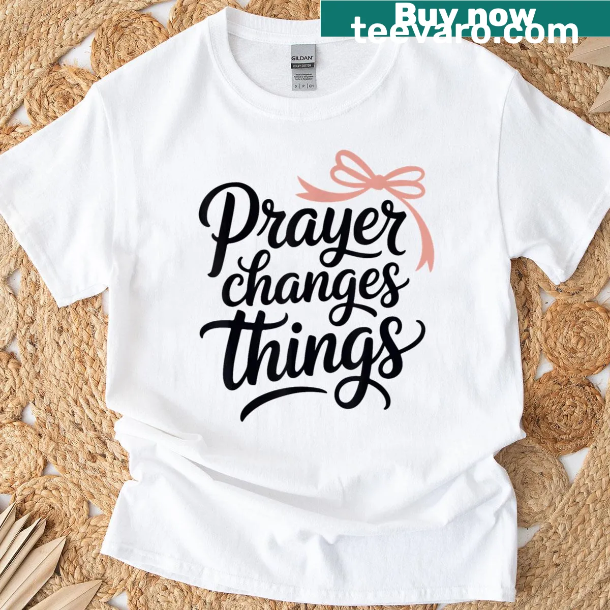 Cute Christian t-shirt with 'Prayer Changes Things' text and a bow graphic — on a men's t-shirt