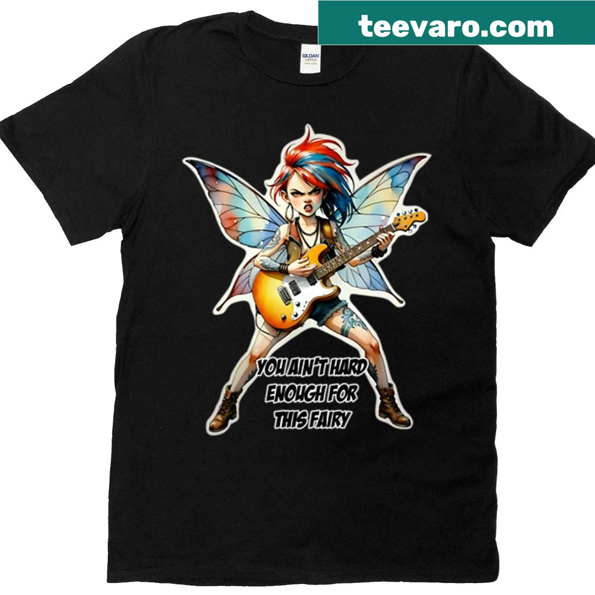 Rebellious punk fairy illustration with bold text on a T-shirt. — on a men's t-shirt