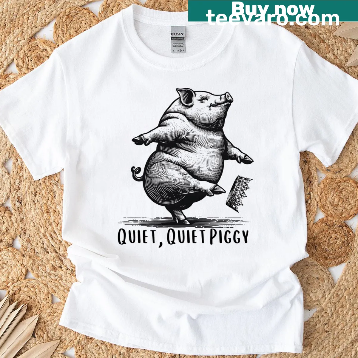 Cartoon dancing pig graphic with crown on t-shirt — on a men's t-shirt