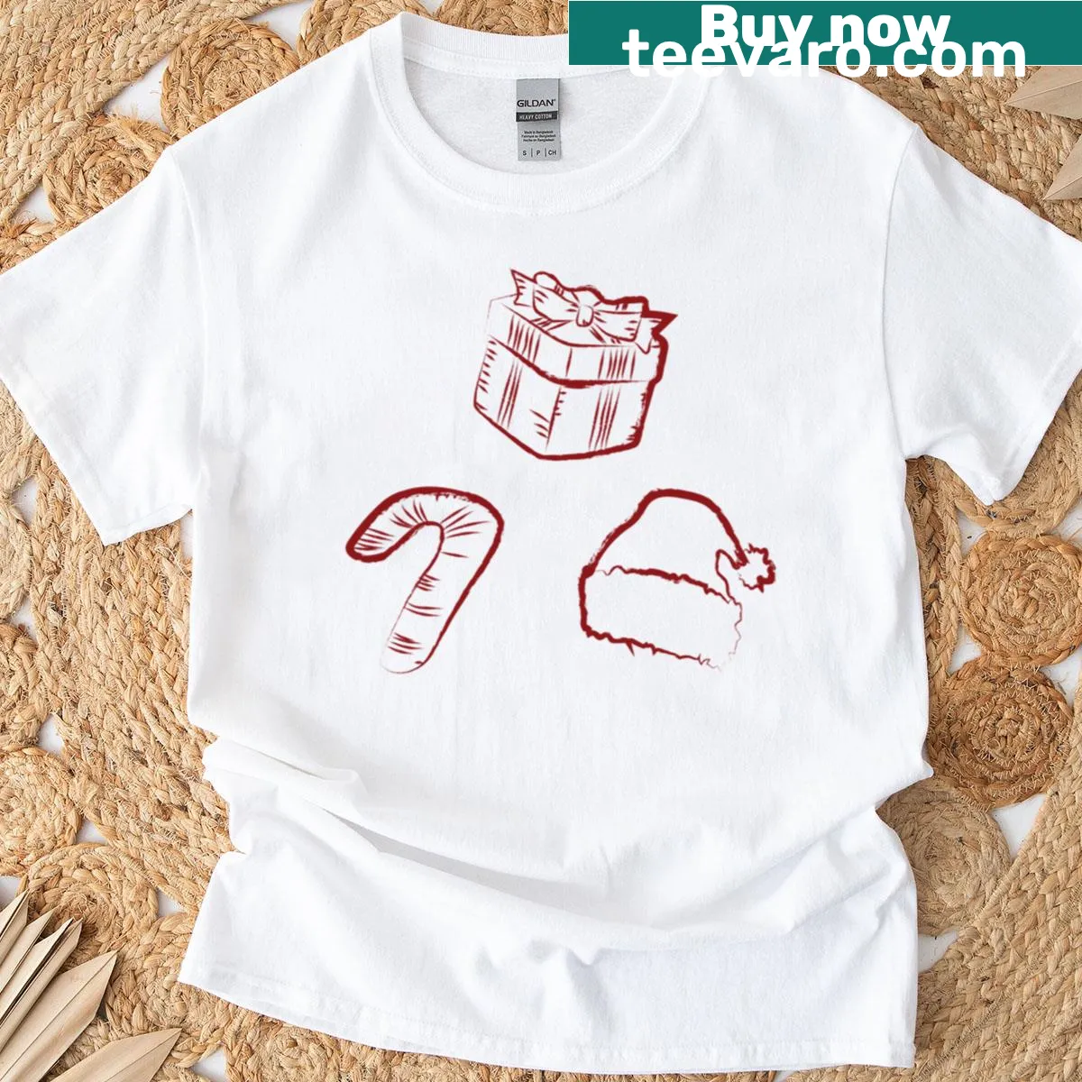 Illustration of cozy Christmas trio on red t-shirt — on a men's t-shirt