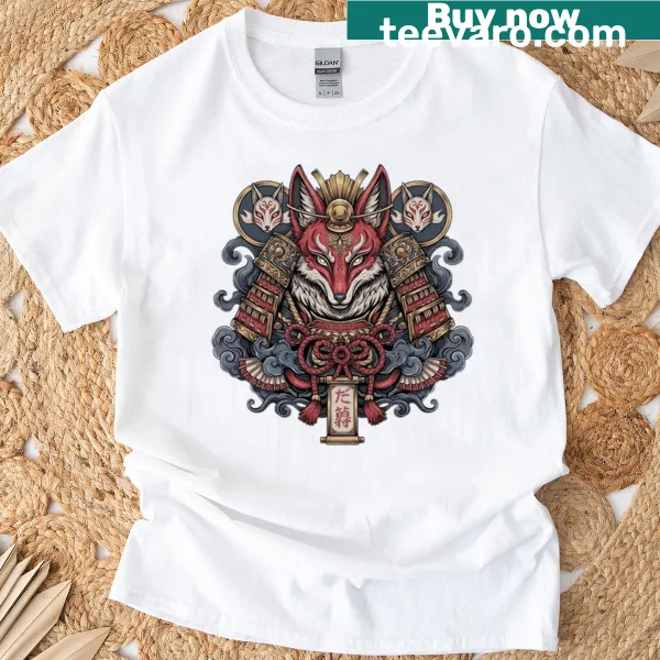 Kitsune samurai mask graphic on a vibrant T-shirt