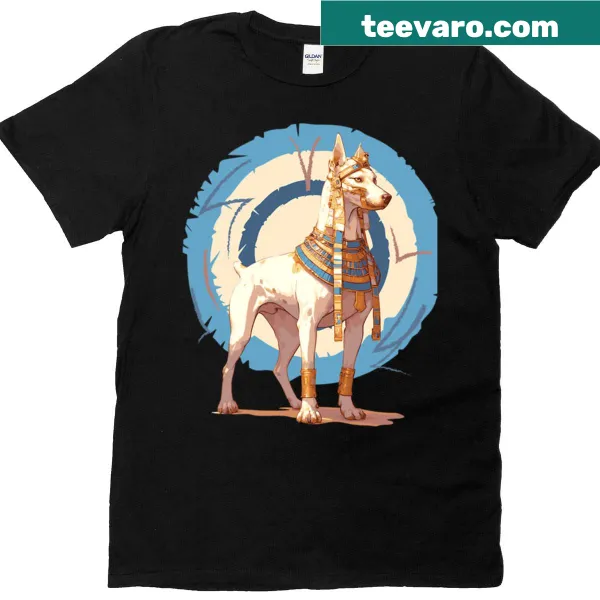 Illustrated Egyptian Pharaoh dog graphic on a T-shirt