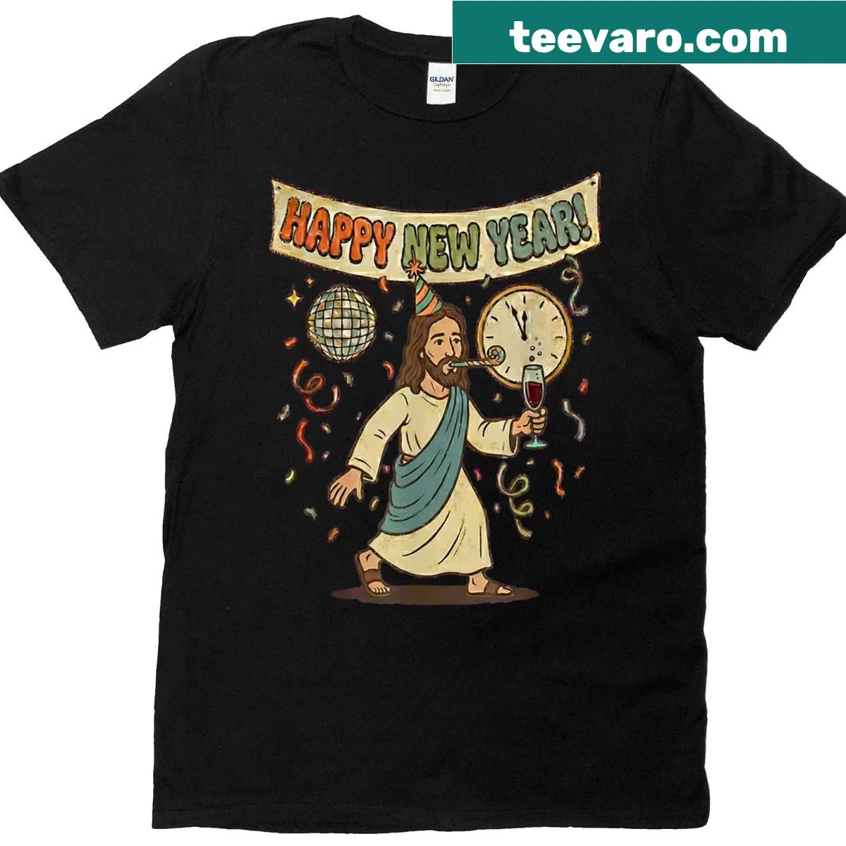Retro style New Year 2026 t-shirt featuring a religious theme. — on a men's t-shirt