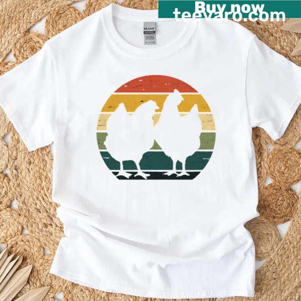 Retro-style t-shirt with colorful hens for chicken lovers