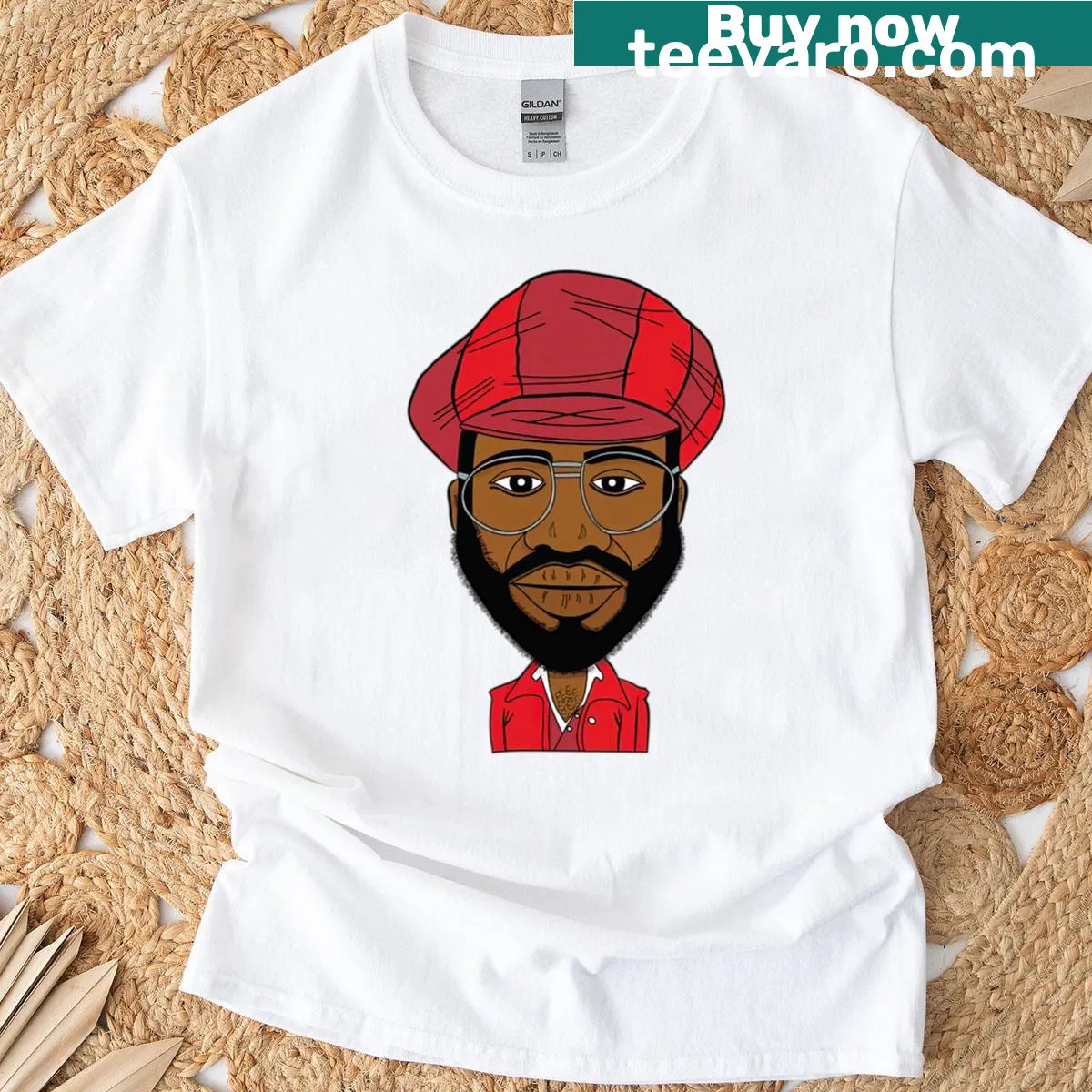 Cartoon character in red hat graphic t-shirt — on a men's t-shirt