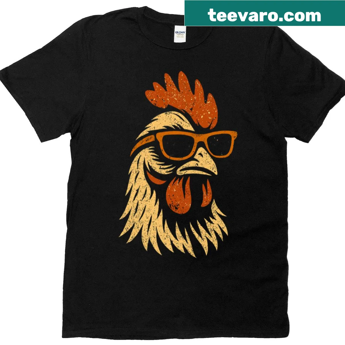 Retro vintage T-shirt featuring a chicken with sunglasses in a playful design — on a men's t-shirt