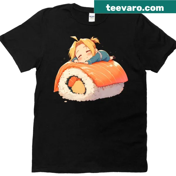 Chibi Riza Hawkeye enjoying sushi roll on T-shirt