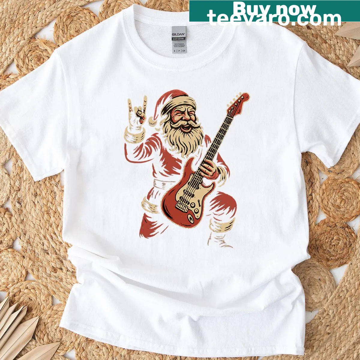 Santa Claus playing electric guitar graphic on a humorous t-shirt — on a men's t-shirt
