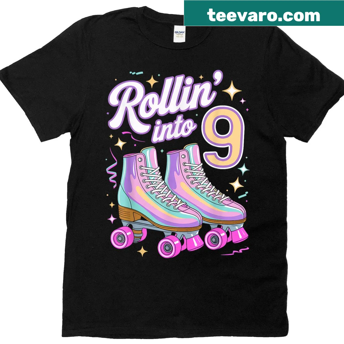 Illustration of a roller skater with the text 'Rollin' Into 9' for a birthday. — on a men's t-shirt