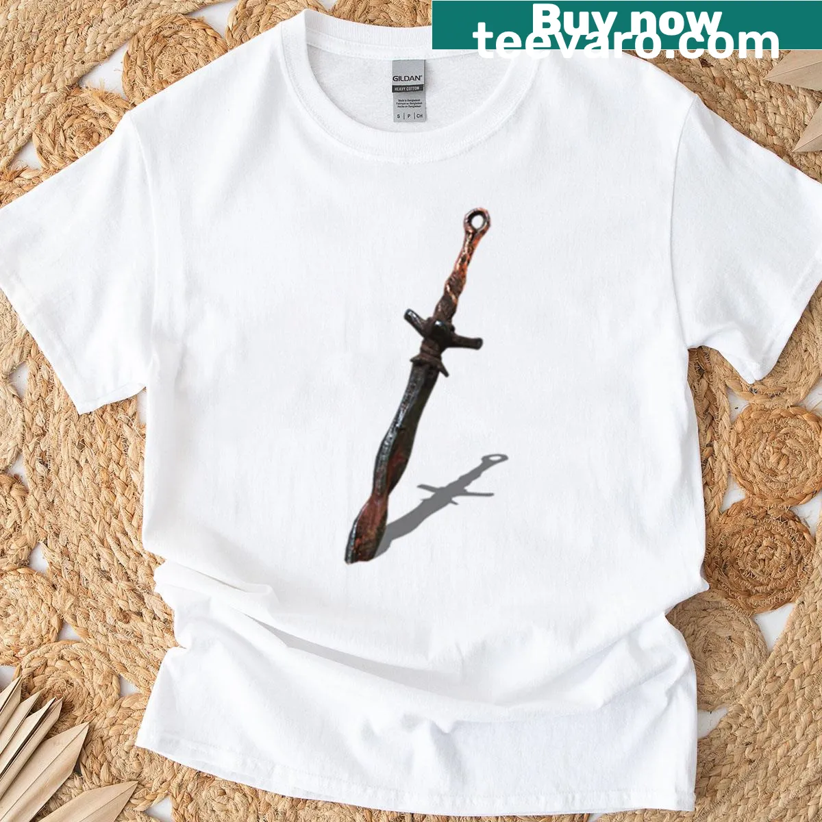 Illustration of a rusty sword design — on a men's t-shirt