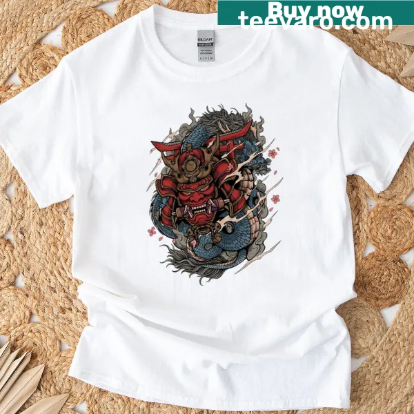 Oni mask and dragon graphic with Torii gate on a T-shirt
