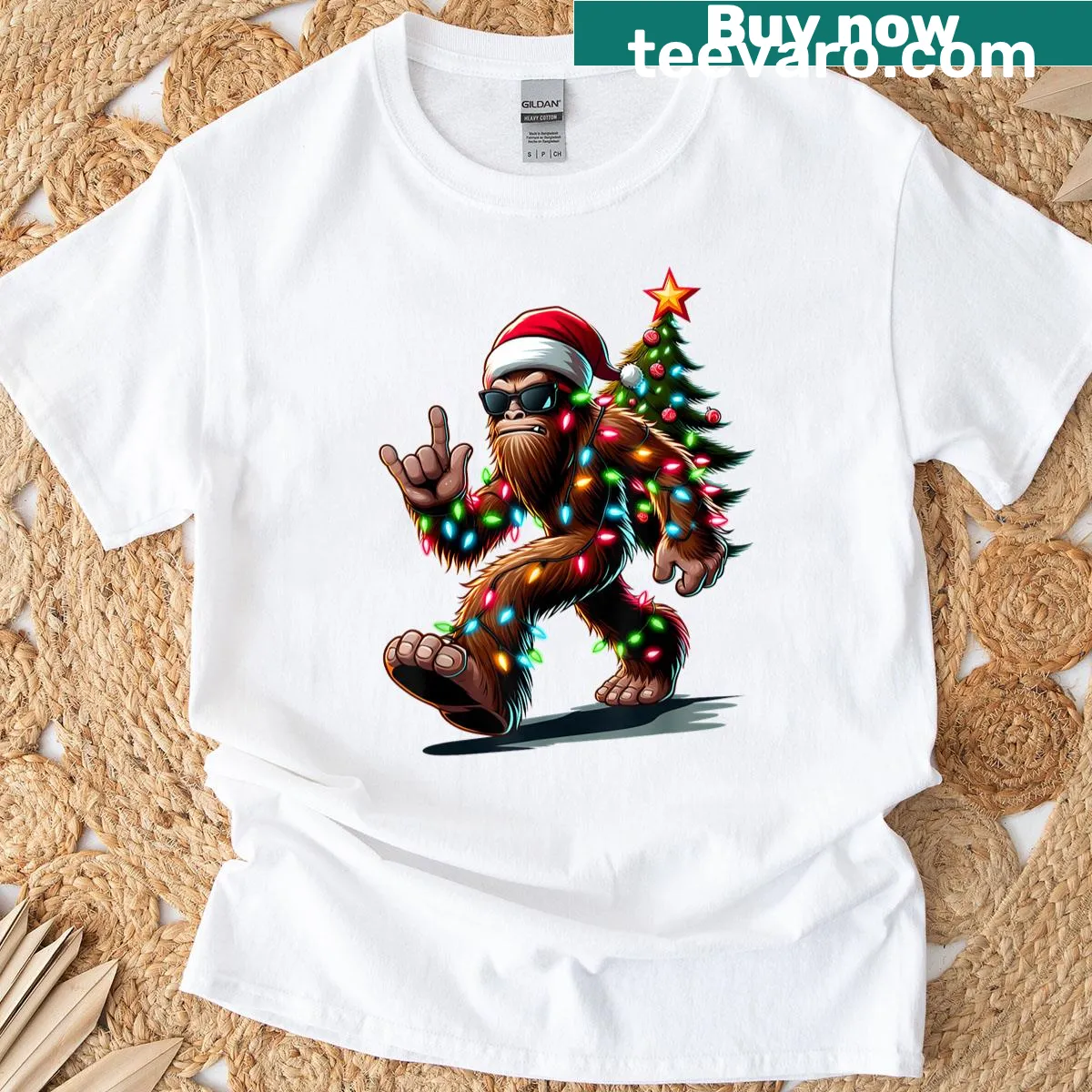 Funny Sasquatch graphic T-shirt with Christmas tree and lights — on a men's t-shirt